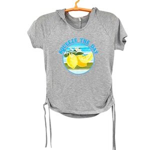 Live Well Lifestyle Gray Lemon Graphic Hooded Tee Short‎ Sleeve Cinched Size M